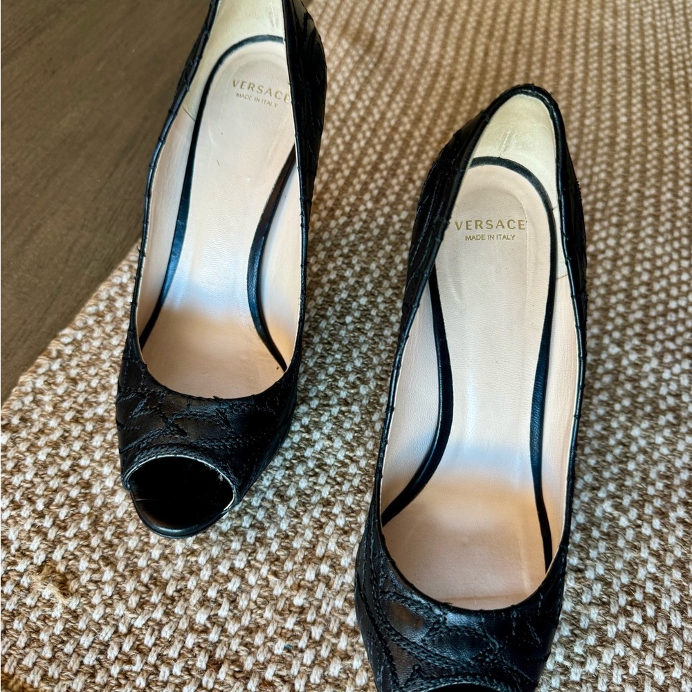 Versace Peep-toe Embroidered Black Leather Pumps with Platform